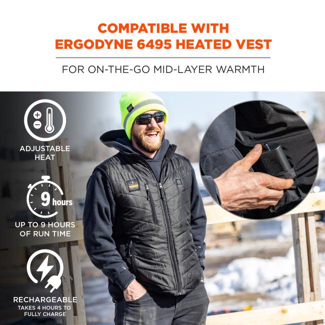 Compatible with ergodyne 6495 heated vest for on-the-go mid-layer warmth. Has adjustable heat, up to 9 hours of run time, and is rechargeable (takes 4 hours to fully charge).