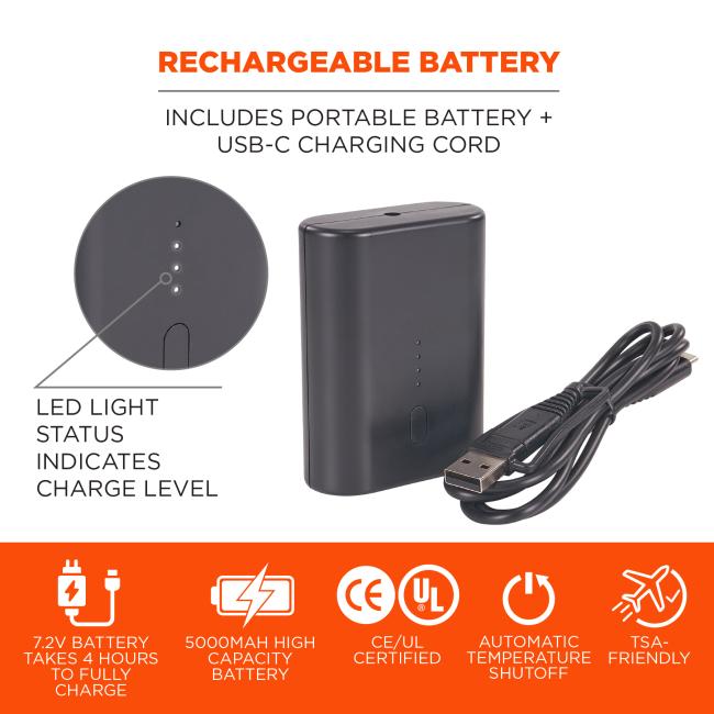 Rechargeable battery: includes portable battery and usb-c charging cord. Led light status on side of power bank indicateds charge level. 7.2v battery takes 4 hours to fully charge. 5000MAH high capacity battery. CE/UL certified. automatic temperature shutoff. TSA-friendly.