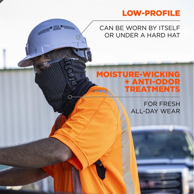 Low profile. Can be worn by itself or under a hard hat. Moisture wicking and anti order treatments. For fresh all day wear