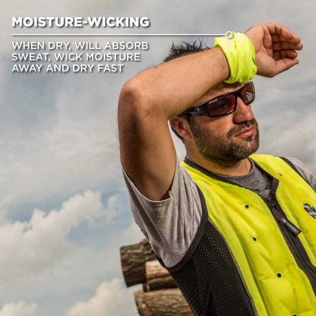 moisture-wicking: when dry, will absorb sweat, wick moisture, and dry fast