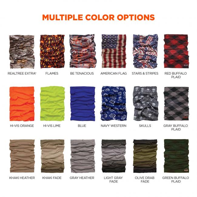 Multiple color options: real tree extra, flames, be tenacious, American flag, stars & stripes, hi-vis orange, hi-vis lime, skulls, blue, navy western, khaki heather, khaki fade, gray heather, light gray fade, olive drab fade. 