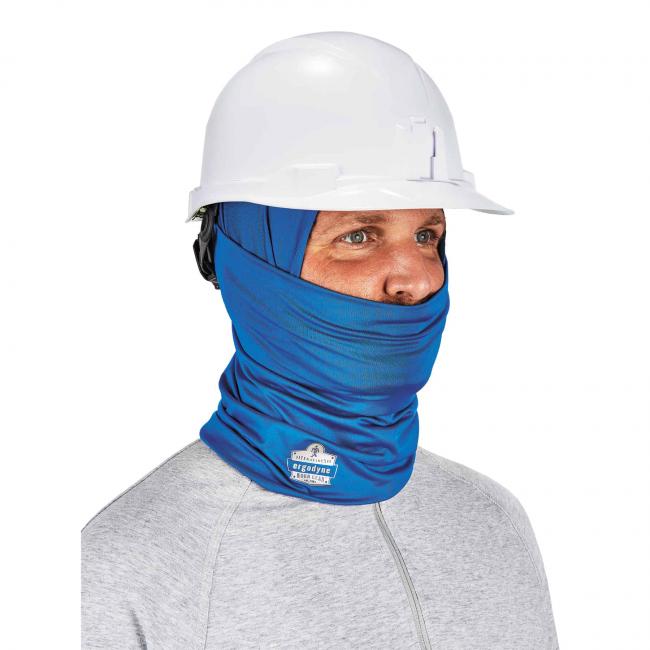 blue multi-band covering man's nose, mouth, and head under a hard hat image 4