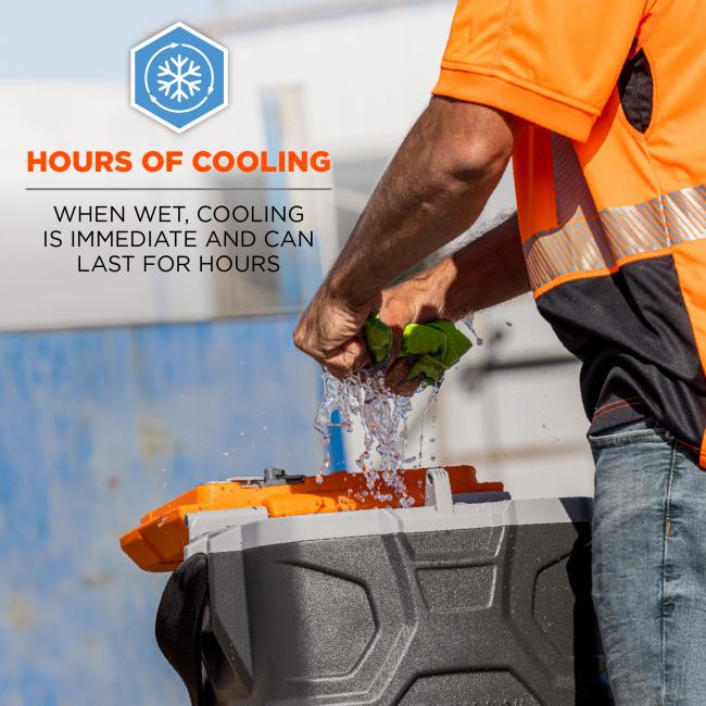 Hours of cooling. When wet, cooling is immediate and can last for hours
