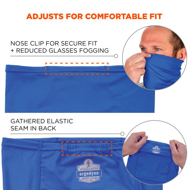 Afjusts for comfortable fit. Nose clip for secure fit and reduced glasses fogging. Gathered elastic seam in back