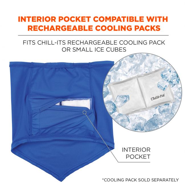 Interior pocket compatible with rechargeable cooling packs. Fits chill-its rechargeable cooling pack or small ice cubes. Cooling pack sold separately.