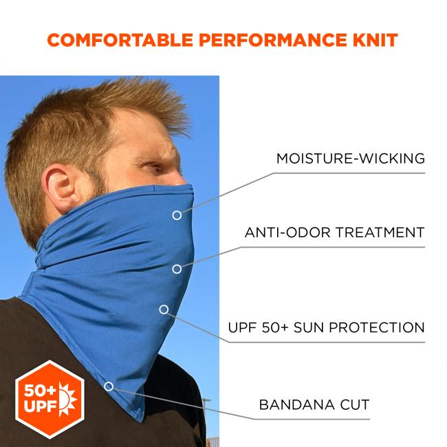 Comfortable performance knit. Moisture wicking, anti-odor treatment, UPF 50+ sun protection, bandana cut