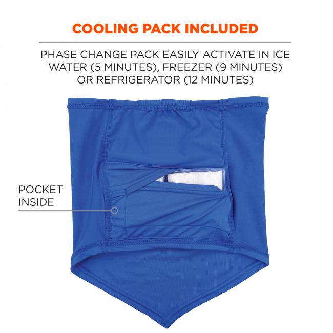 Phase change pack easily activate in ice water 5 minutes, freezer 9 minutes or refrigerator 12 minutes. Pocket inside