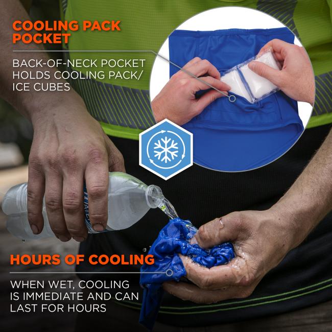 Cooling pack pocket. Back of neck pocket holds cooling pack ice cubes sold separately. Hours of cooling. When wet, cooling is immediate and can last for hours