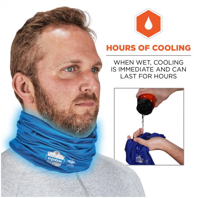 Hours of cooling: when wet, cooling is immediate and can last for hours. Image shows model wearing multi-band with cooling effect. Small image shows water bottle pouring water into product.