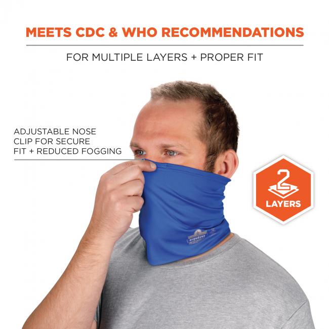 Meets CDC & WHO recommendations: for multiple layers + proper fit. Arrow points to nose and says “adjustable nose clip for secure fit + reduced fogging”. Icon says “2 layers”.