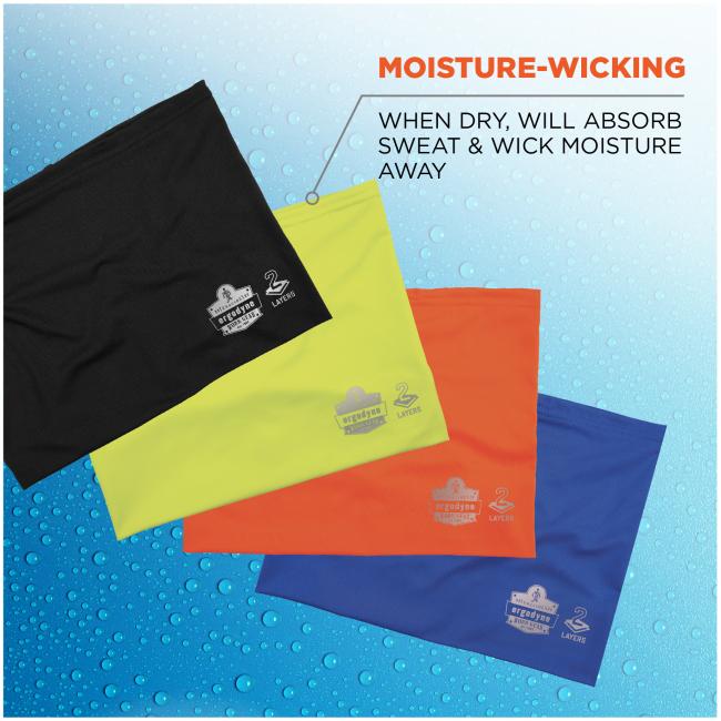 Moisture-wicking: when dry, will absorb sweat & wick moisture away. Black, lime, orange and blue multi-bands over a wet background