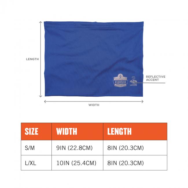 Size chart: size S/M is 9in(22.8cm)x8in(22.8cm) and size L/XL is 10in(25.4cm)x8in(22.8cm). Arrow pointing to reflective accen