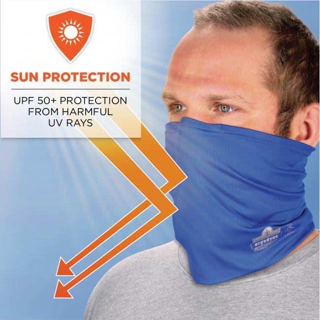 Sun protection: UPF 50+ protection from harmful UV rays. Illustration shows sun rays bouncing off of multi-band