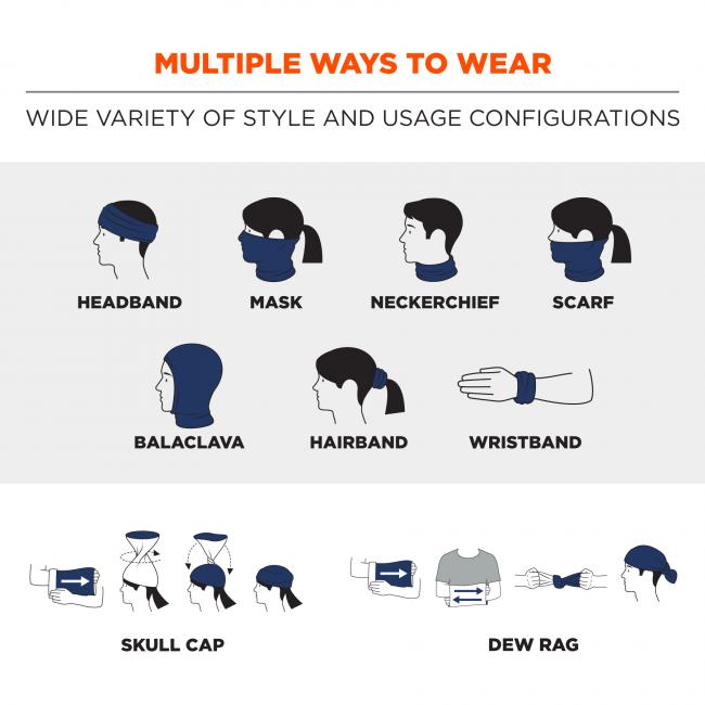 Multiple ways to wear: Wide variety of style and usage configurations. Icons show multi-band being worn as headband, mask, neckerchief, scarf, balaclava, hairband, wristband, skull cap, and dew rag. 