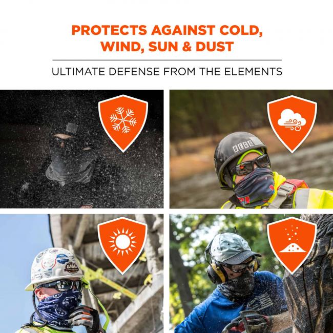 Protects against cold, wind, sun and dust: ultimate defense from the elements. Shield icons show a snowflake, gust of wind, sun and dust.