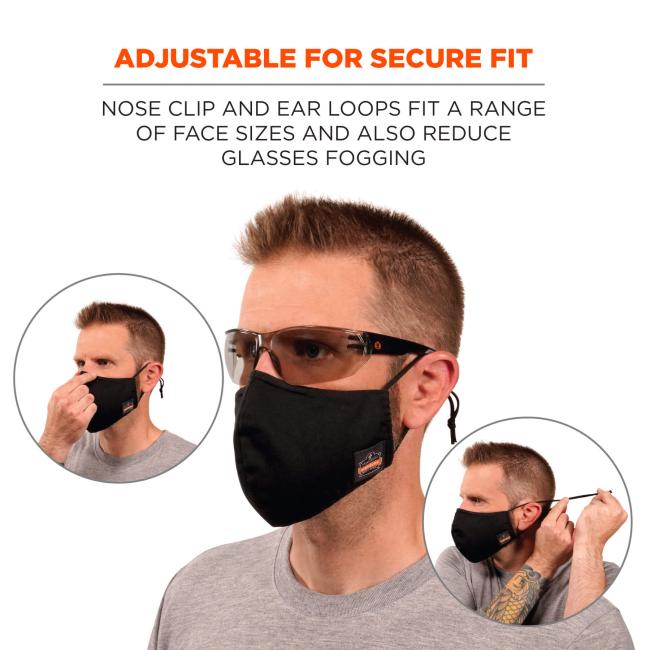Form fitting: extended chin coverage. Arrow shows contoured face coverage.