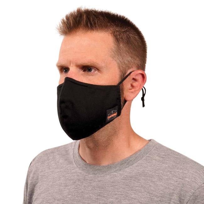 Multiple layers: meets CDC & WHO recommendations. Arrows pointing to mask say “exterior: cotton twill” and “interior: soft polyester mesh with anti-odor treatment”. 