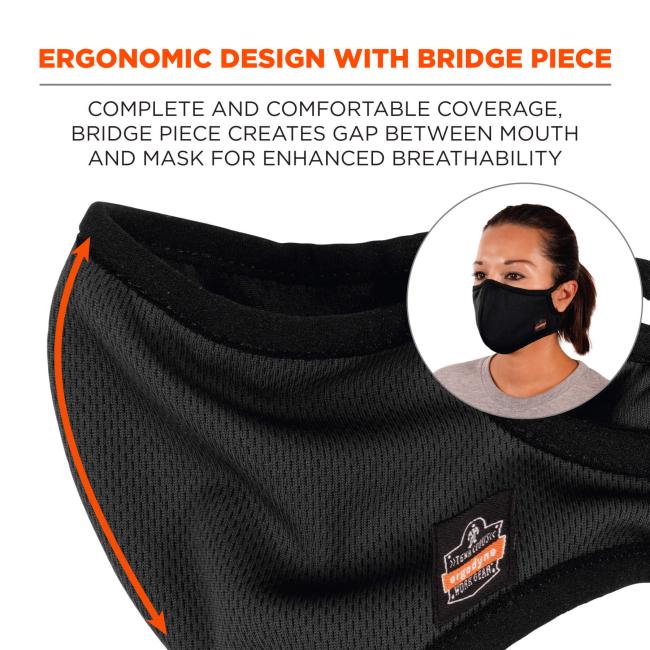 Ergonomic design with bridge piece: complete and comfortable coverage, bridge piece creates gap between mouth and mask for enhanced breathability.