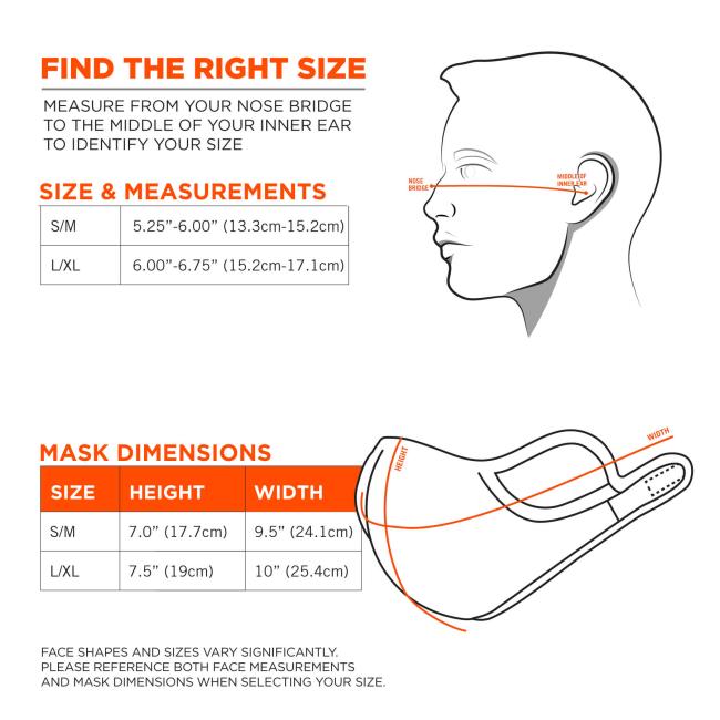 Find the right size: measure from your nose bridge to the middle of your inner ear to identify your size. Size & measurements. Size S/M: 5.25”-6.00”(13.3cm-15.2cm). Size L/XL: 6.00”-6.75”(15.2cm-17.1cm). Mask dimensions. Size S/M: 9.5”(24.1cm)x7.0”(17.7cm). Size L/XL: 10”(25.4cm)x7.5”(19cm). Face shapes and sizes vary significantly. Please reference both face measurements and mask dimensions when selecting your size.