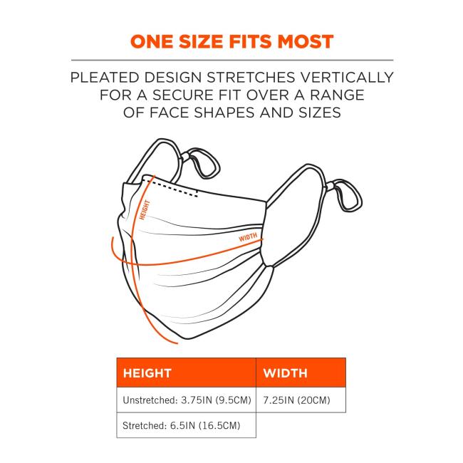One size fits most: pleated design stretches vertically for a secure fit over a range of face shapes and sizes. Height unstretched: 3.75in (9.5cm), Height stretched: 6.5” (16.5cm), width: 7.25” (20cm).