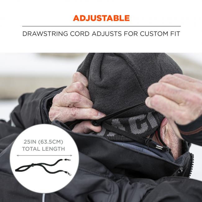 Adjustable: drawstring cord adjusts for custom fit. Small detail circle says 25in (63.5cm) total length