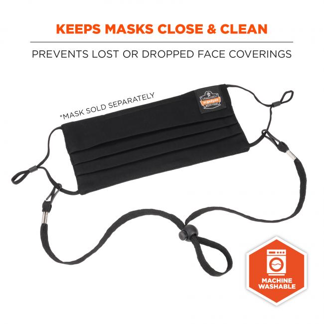 Keeps masks close & clean: prevents lost or dropped face coverings. *mask sold separately. Icon says: machine washable