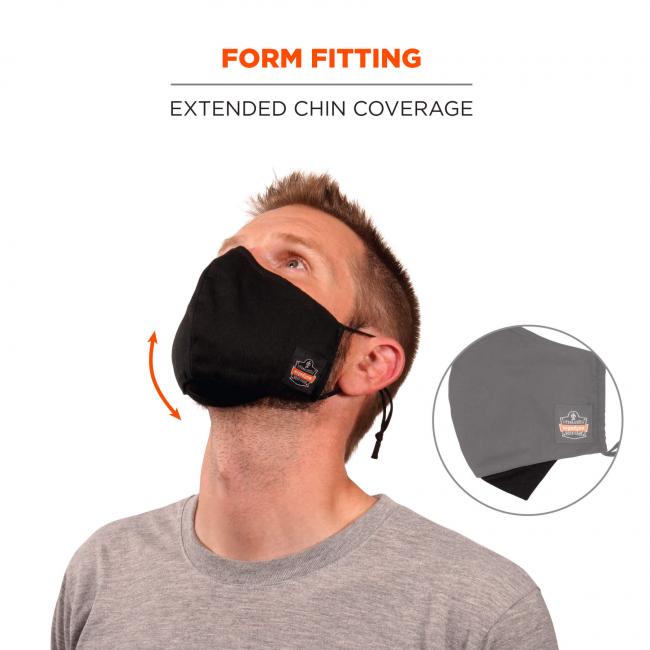Form fitting: extended chin coverage. Arrow shows contoured face coverage.