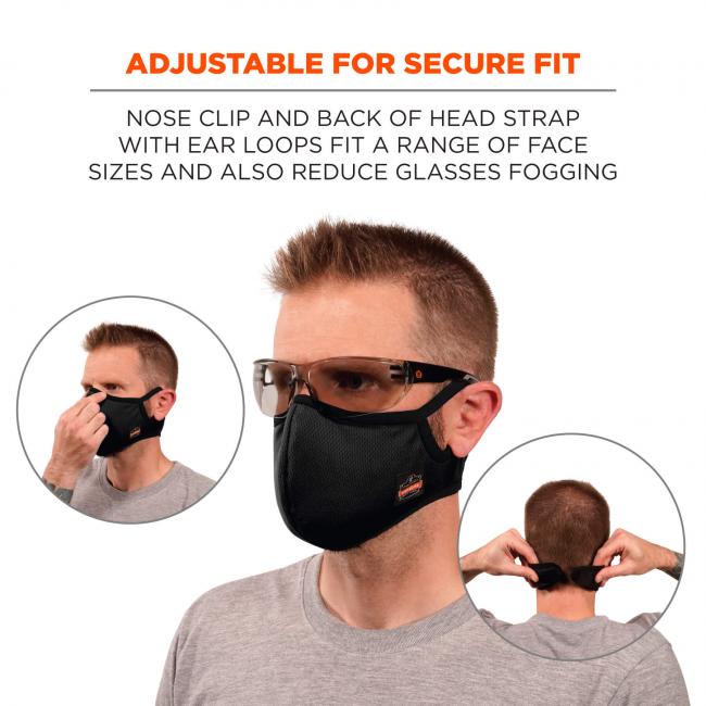 Adjustable for secure fit: nose clip and back of head strap with ear loops fit a range of face sizes and also reduce glasses fogging. 