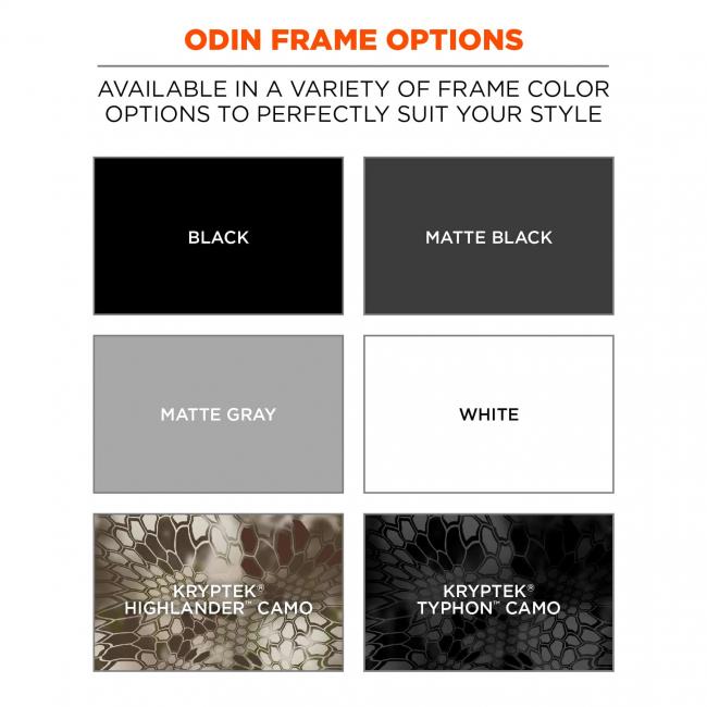 Odin frame options: available in a variety of frame color options to perfectly suit your style. Swatches for black, matte black, matte gray, white, Kryptek Highlander Camo, and Kryptek Typhon Camo
