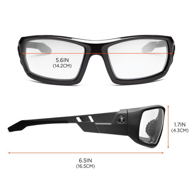 Dimensions: Size chart. 5.6in or 14.2cm across front of frames. 6.5in or 16.5cm profile length. Height of lens is 1.7in or 4.3cm