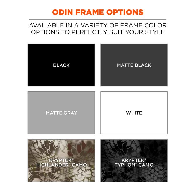 Odin frame options: available in a variety of frame color options to perfectly suit your style. Black, matte black, matte gray, white, Kryptek highlander camo, and kryptek typhon camo