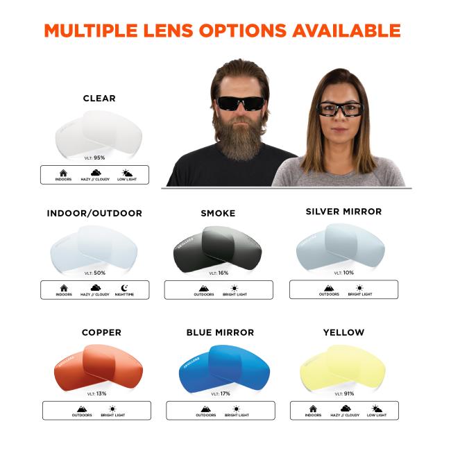 Odin lens options: availabile in a variety of frame color options to perfectly suit your style. Lens options: clear VLT 95% worn indoors, hazy/cloudy or low light conditions. Indoor/outdoor VLT 50% worn indoors, hazy/cloudy, or nighttime conditions. Smoke VLT 16% worn outdoors or in bright light. Silver mirror VLT 10% worn oudoors or in bright light. Copper VLT 13% worn outdoors or in bright light. Blue mirror VLT 17% worn outdoors or in bright light. Yellow VLT 91% worn indoors, hazy/cloudy or low light co