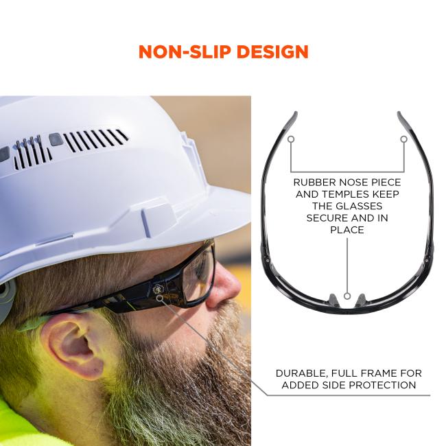 Non-slip design: Rubber nose piece and temples keep glasses secure and in place. Durable, full frame for added side protection