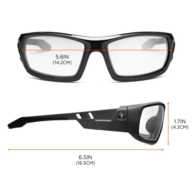 Dimensions: Size chart. 5.6in or 14.2cm across front of frames. 6.5in or 16.5cm profile length. Height of lens is 1.7in or 4.3cm