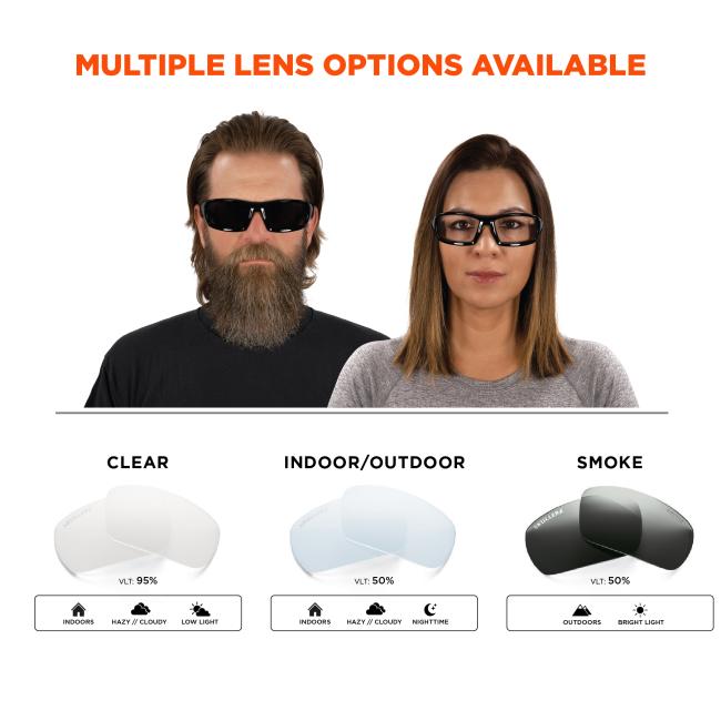 Odin lens options: availabile in a variety of frame color options to perfectly suit your style. Lens options: clear VLT 95% worn indoors, hazy/cloudy or low light conditions. Indoor/outdoor VLT 50% worn indoors, hazy/cloudy, or nighttime conditions. Smoke VLT 50% worn outdoors or in bright light. 