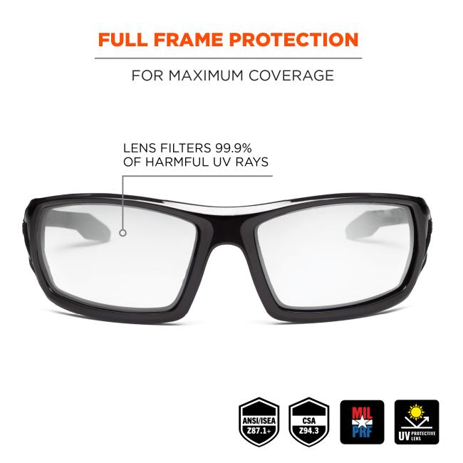 Full frame protection: for maximum coverage. Lens filters 99.9% of harmful UV rays. ANSI/ISEA z87.1+. EN-166 rated. CSA Z94.3. MIL PRF.