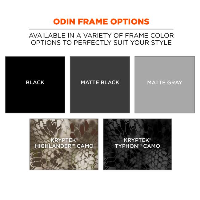 Odin frame options: available in a variety of frame color options to perfectly suit your style. Black, matte black, matte gray, Kryptek highlander camo, and kryptek typhon camo