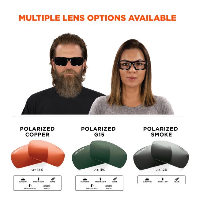 Multiple lens options available: polarized copper, polarized g15, polarized smoke. Copper VLT 14% worn outdoors, bright light, glare, water or high contrast conditions. G15 VLT 11% worn outdoors, bright light, glare, water or high contrast conditions. Smoke VLT 12% worn outdoors, bright light or glare conditions
