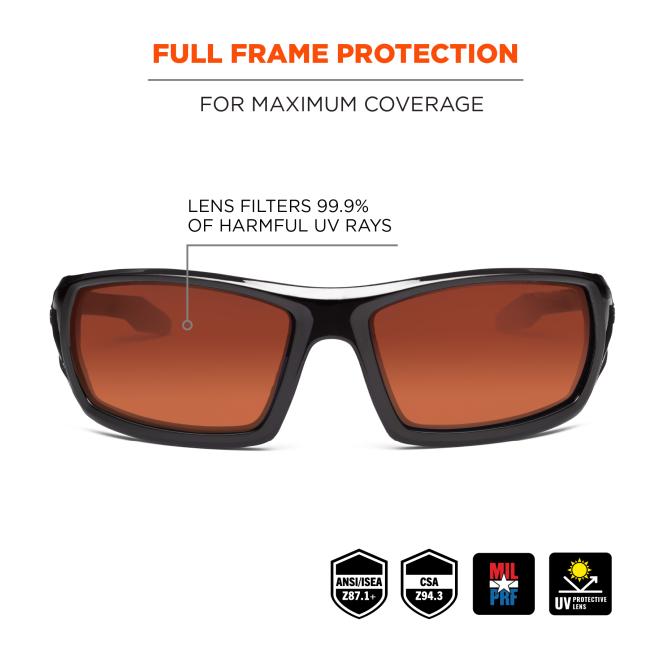 Full frame protection: for maximum coverage. Lens filters 99.9% of harmful UV rays. ANSI/ISEA z87.1+. EN-166 rated. CSA Z94.3. MIL PRF.