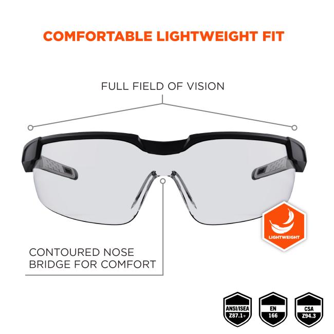 Comfortable lightweight fit: Full field of vision. Contoured nose bridge for comfort. ANSI/ISEA z87.1+. EN-166 rated. CSA Z94.3.