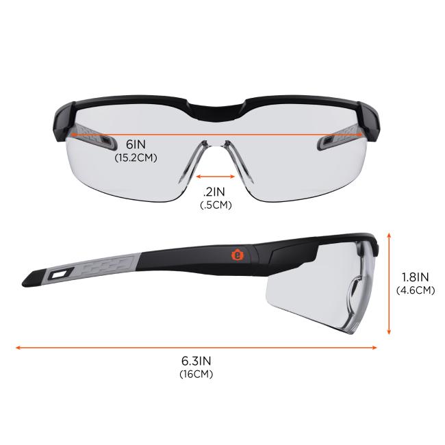 Dimensions: Size chart. 6in (15.2cm) across front of frames. 0.2in (.5cm) across nose bridge. 6.3in (16cm) profile length. Height of lens is 1.8in (4.6cm).