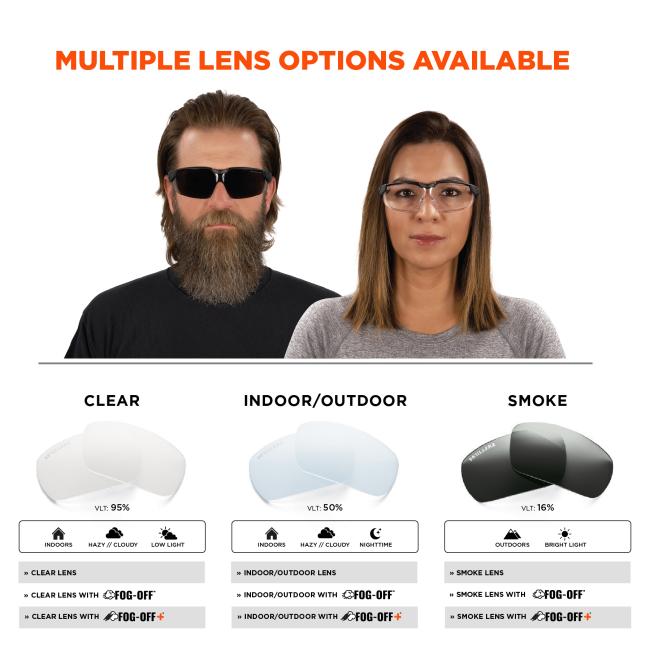 Multiple lens options available: Clear, Indoor/Outdoor, smoke. Clear: VLT 95%, worn indoors, hazy or cloudy outside, or in low light conditions. Indoor/Outdoor: VLT 50%, worn indoors, outdoors, hazy or cloudy, or nighttime. Smoke: VLT 16%, worn outdoors and in bright light. All lenses can come with fog off or fog off plus treatment