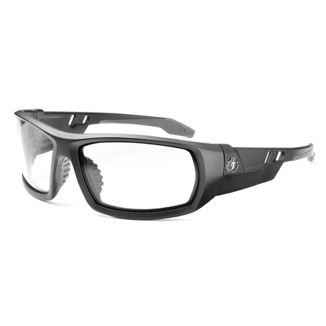 Three-quarter view of clear odin safety glasses