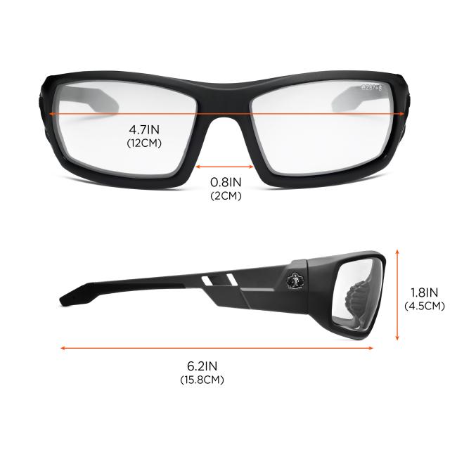 Lens width: 4.7 inches (12cm). Lens height: 1.8 inches (4.5cm). Nose width: 0.8 inch (2cm). Temple length: 6.2 inches (15.8cm)