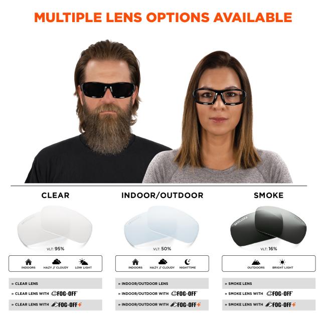 Multiple lens options available in clear, indoor/outdoor, and smoke