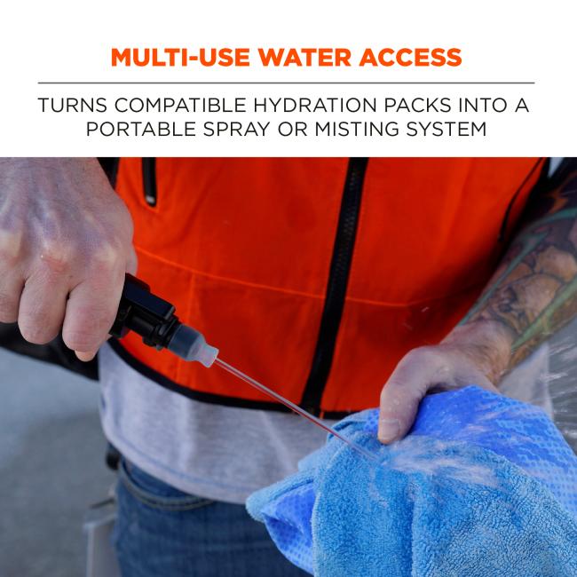 Multi-use water access. Turns compatible hydration packs into a portable spray or misting system.