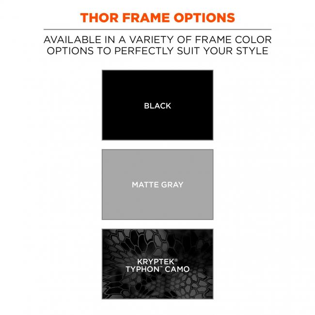 Thor frame options: available in a variety of frame color options to perfectly suit your style. Swatches for black, matte gray, and Kryptek Typhon Camo. 