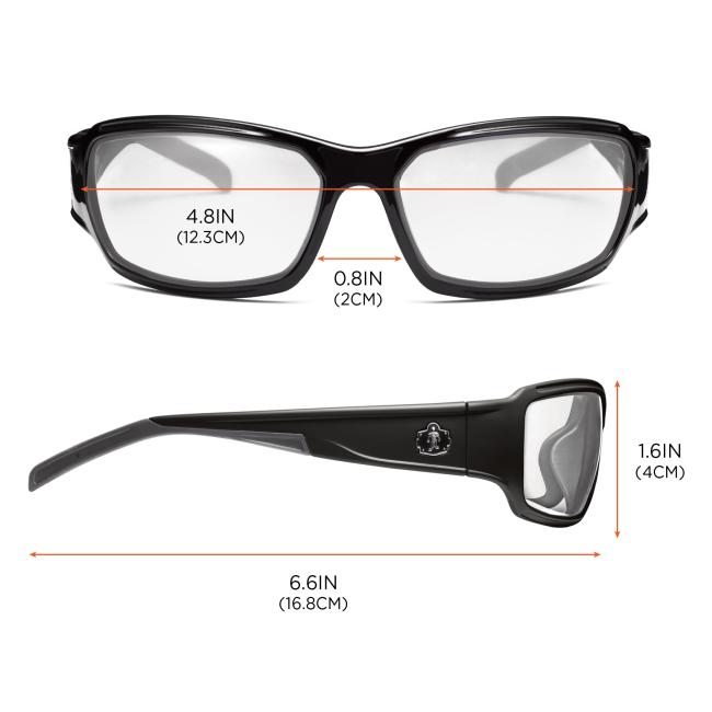 Dimensions: Size chart. 4.8in or 12.3cm across front of frames. 0.8in or 2cm across nose bridge. 6.6in or 16.8cm profile length. Height of lens is 1.6in or 4cm