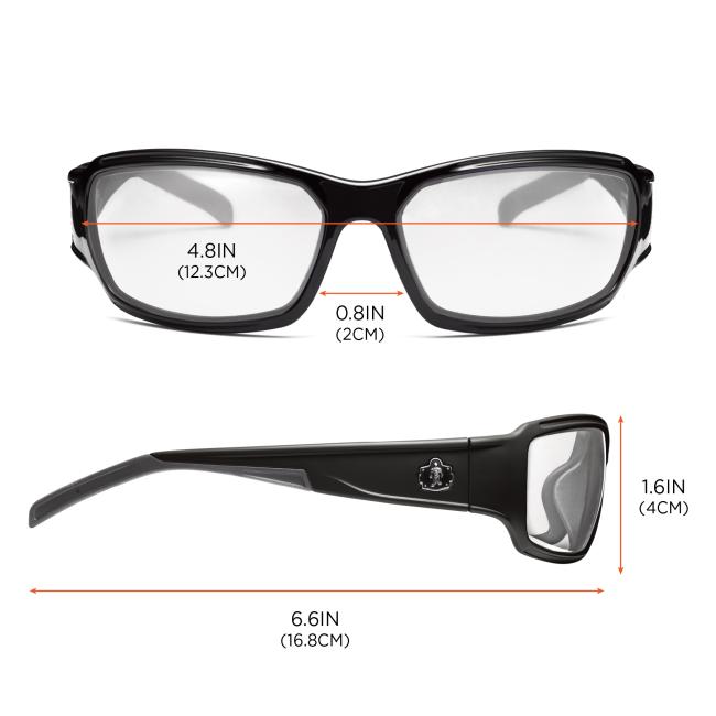 Dimensions: Size chart. 4.8in or 12.3cm across front of frames. 0.8in or 2cm across nose bridge. 6.6in or 16.8cm profile length. Height of lens is 1.6in or 4cm