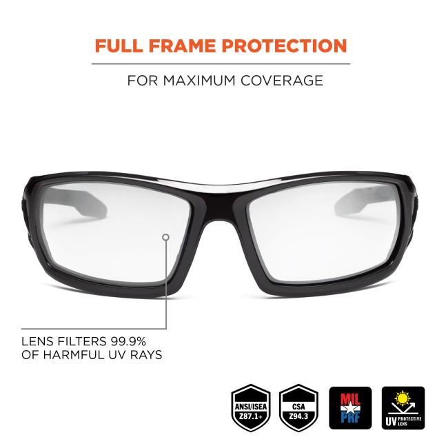 Full frame protection: for maximum coverage. Lens filters 99.9% of harmful UV rays. MIL PRF. Meets ANSI/ISEA Z87.1+ standards